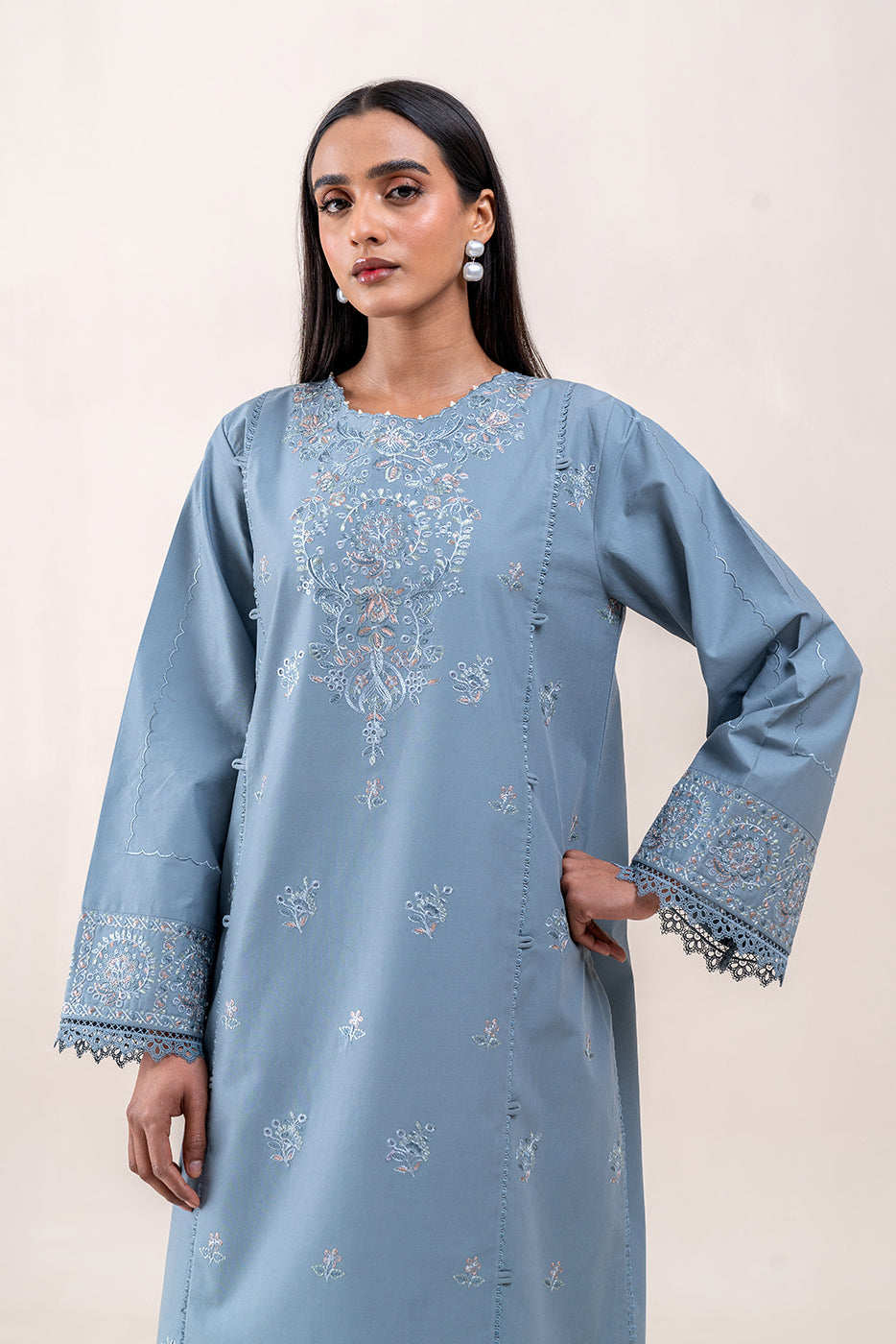 2 PIECE EMBROIDERED LAWN SUIT-STEAL BLUE (UNSTITCHED)