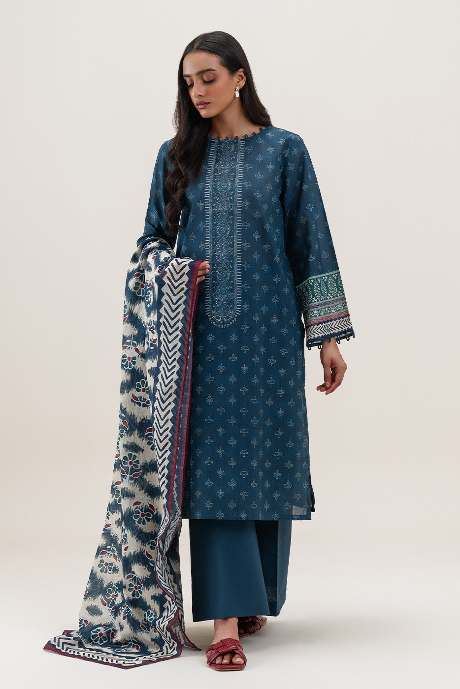 3 PIECE PRINTED LAWN SUIT-INDIGO HAZE (UNSTITCHED)