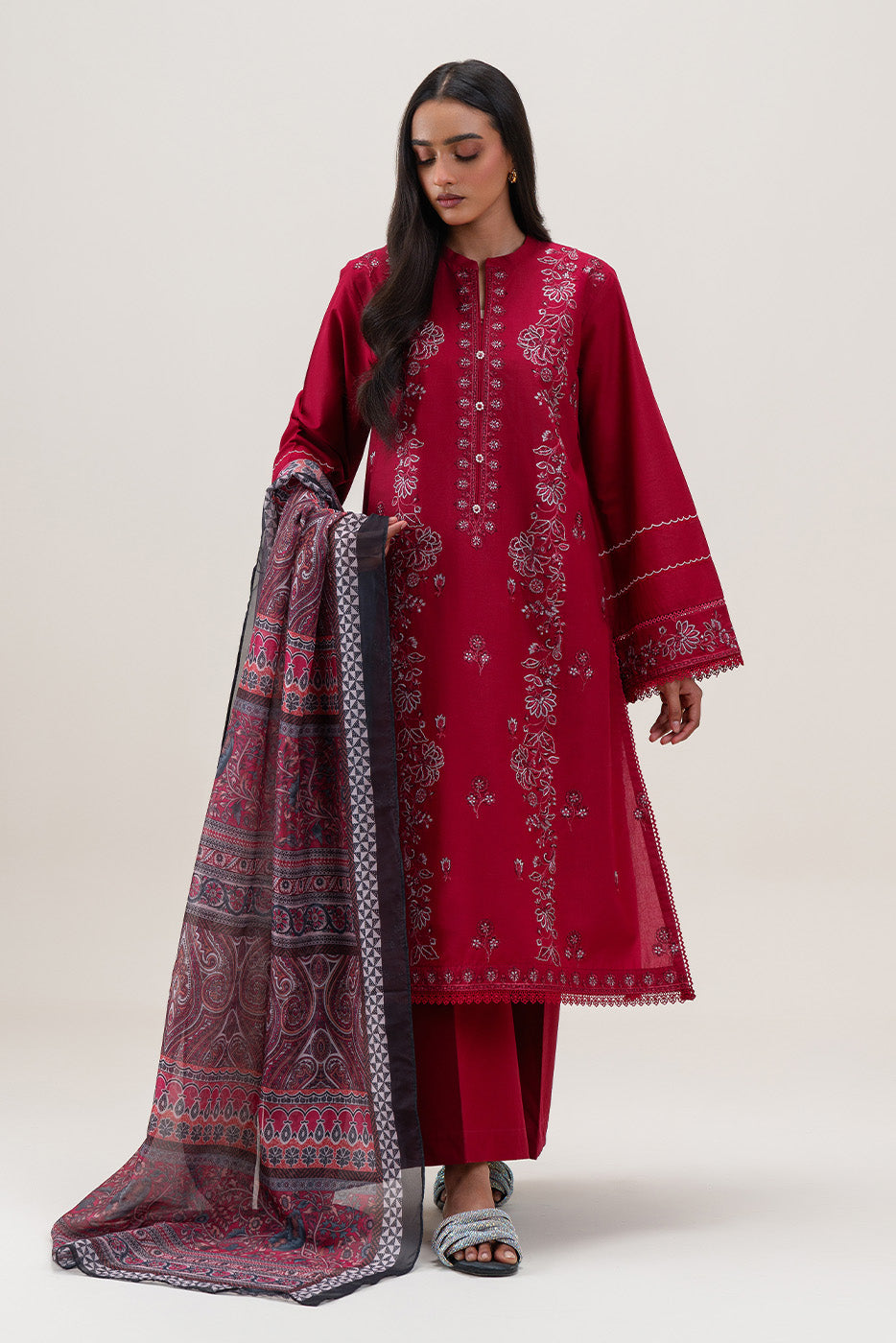 3 PIECE EMBROIDERED LAWN SUIT-SCARLET SAGE (UNSTITCHED)