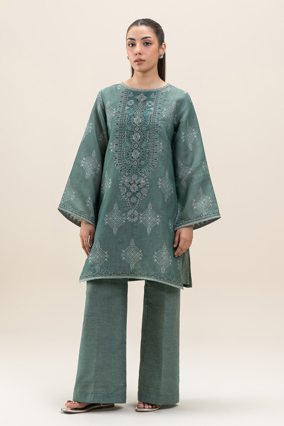 2 PIECE EMBROIDERED YAN DYED JACQUARD SUIT-PINE GREEN (UNSTITCHED)