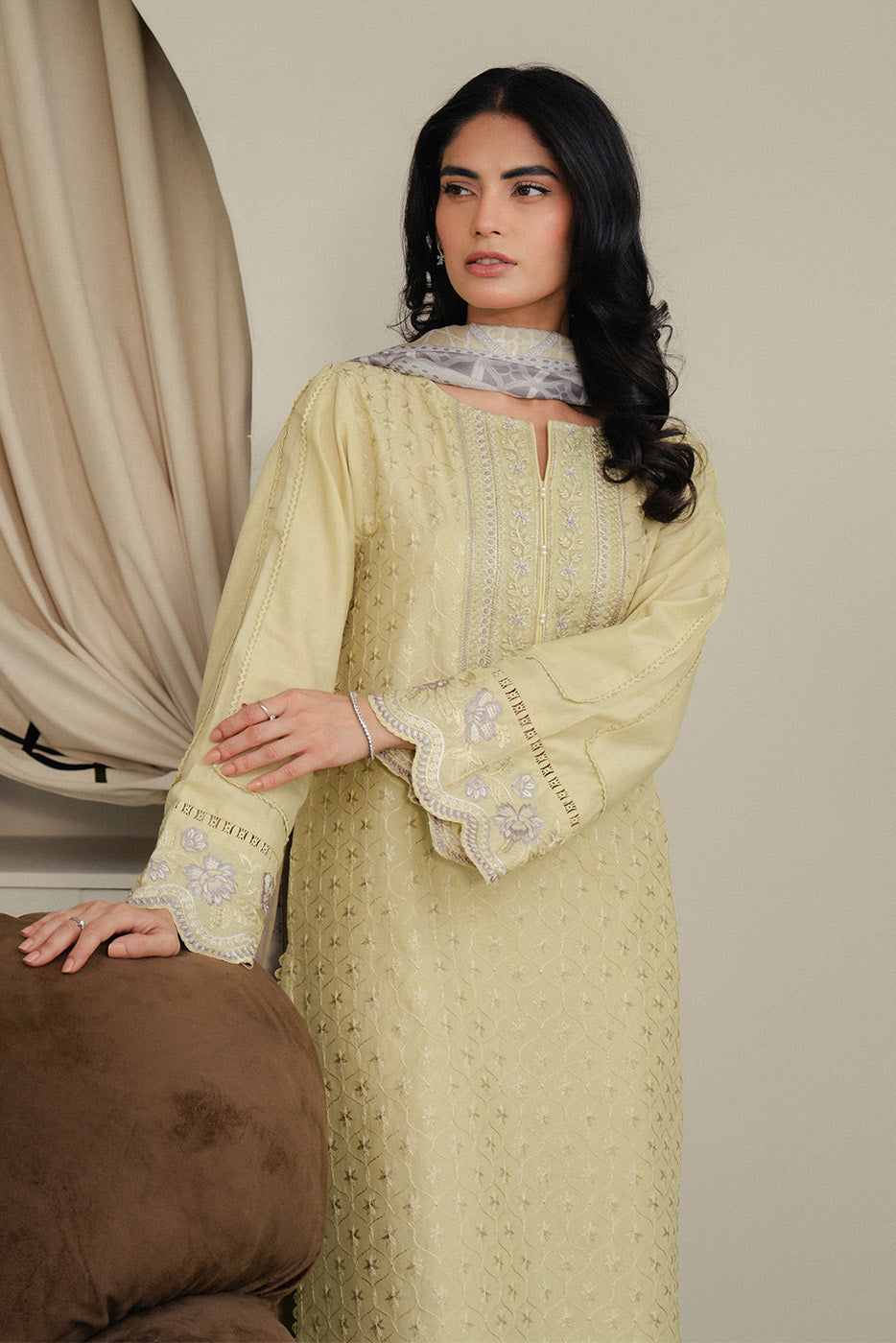 3 PIECE EMBROIDERED LAWN SUIT-CITRINE PUFF (UNSTITCHED)