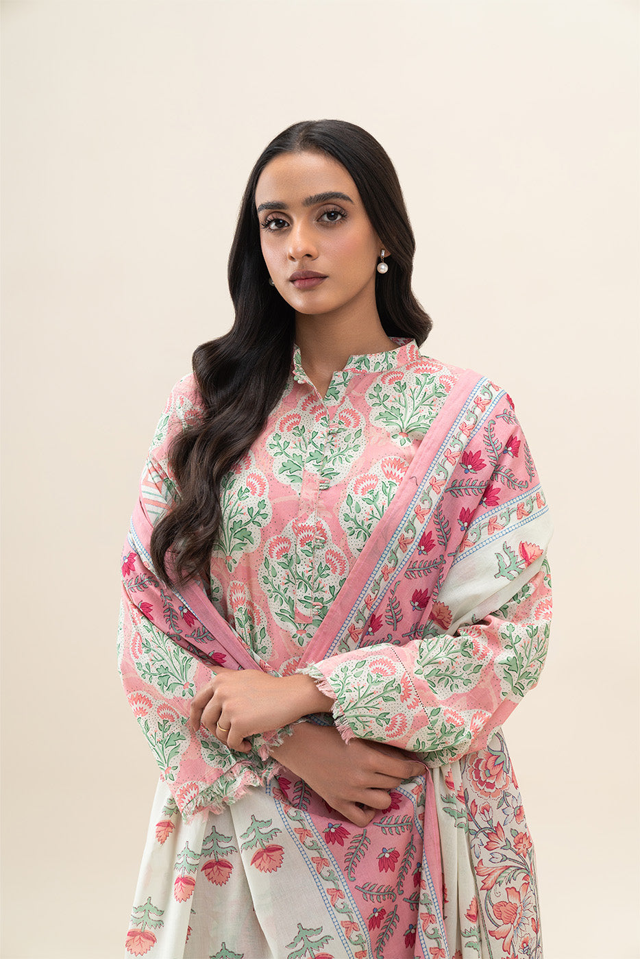 2 PIECE PRINTED LAWN SUIT-PEACH BLOSSOM (UNSTITCHED)