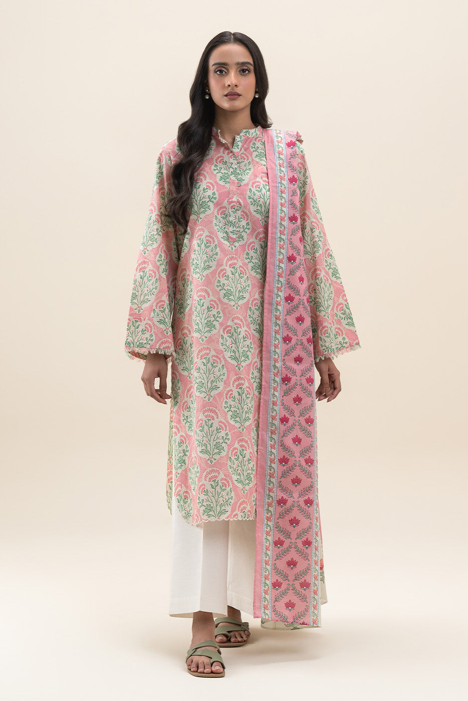 2 PIECE PRINTED LAWN SUIT-PEACH BLOSSOM (UNSTITCHED)
