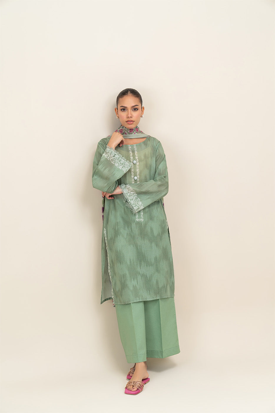 3 PIECE PRINTED LAWN SUIT-PALE GREEN (UNSTITCHED)