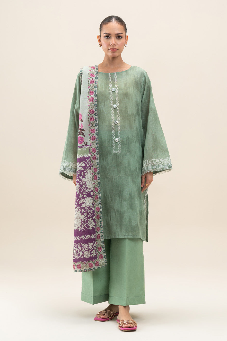 3 PIECE PRINTED LAWN SUIT-PALE GREEN (UNSTITCHED)