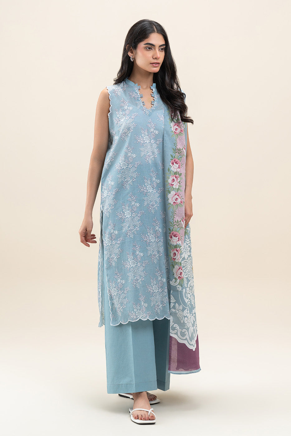 3 PIECE PRINTED LAWN SUIT-ICE BLUE (UNSTITCHED)