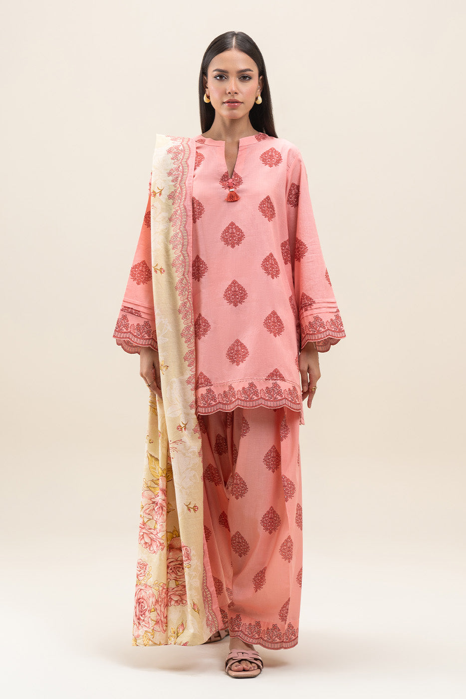 3 PIECE PRINTED LAWN SUIT-GLOOMY PEACH (UNSTITCHED)