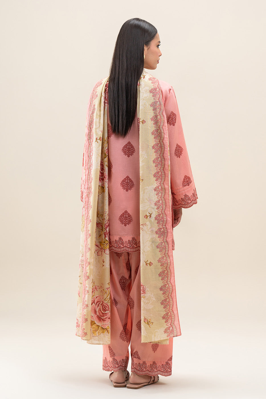 3 PIECE PRINTED LAWN SUIT-GLOOMY PEACH (UNSTITCHED)