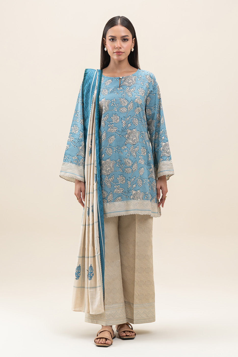 3 PIECE PRINTED LAWN SUIT-STEEL BLUE (UNSTITCHED)