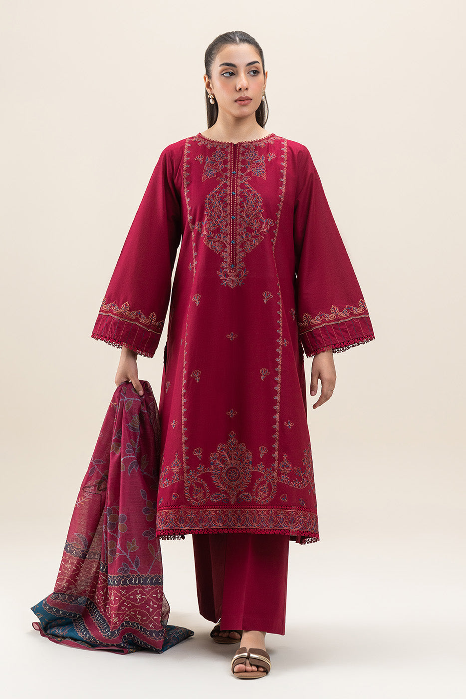 3 PIECE EMBROIDERED LAWN SUIT-SCARLET GLOW (UNSTITCHED)