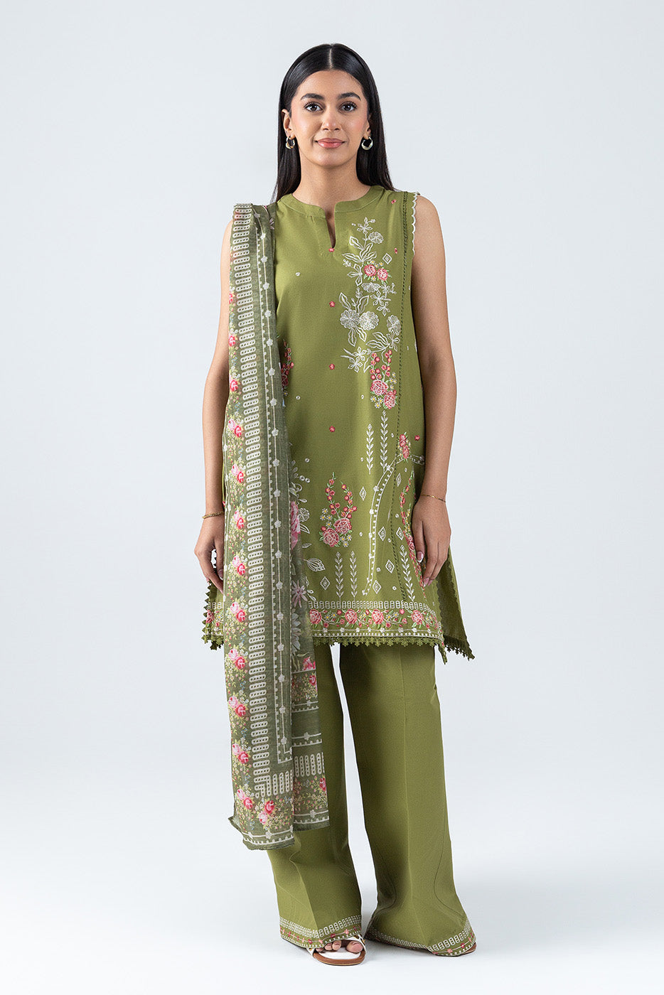 3 PIECE EMBROIDERED LAWN SUIT-OLIVE BLOOM (UNSTITCHED)