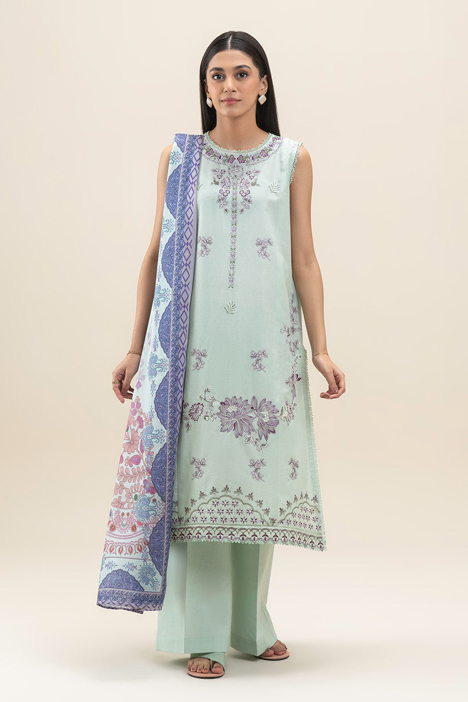 3 PIECE EMBROIDERED LAWN SUIT-MINT GLINT (UNSTITCHED)