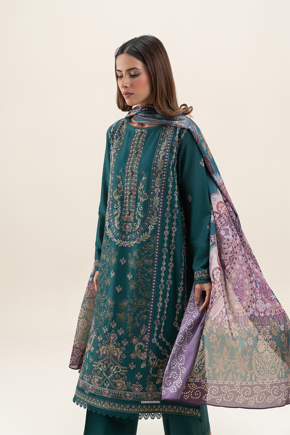 3 PIECE EMBROIDERED SUIT-ORNATE TEAL (UNSTITCHED)