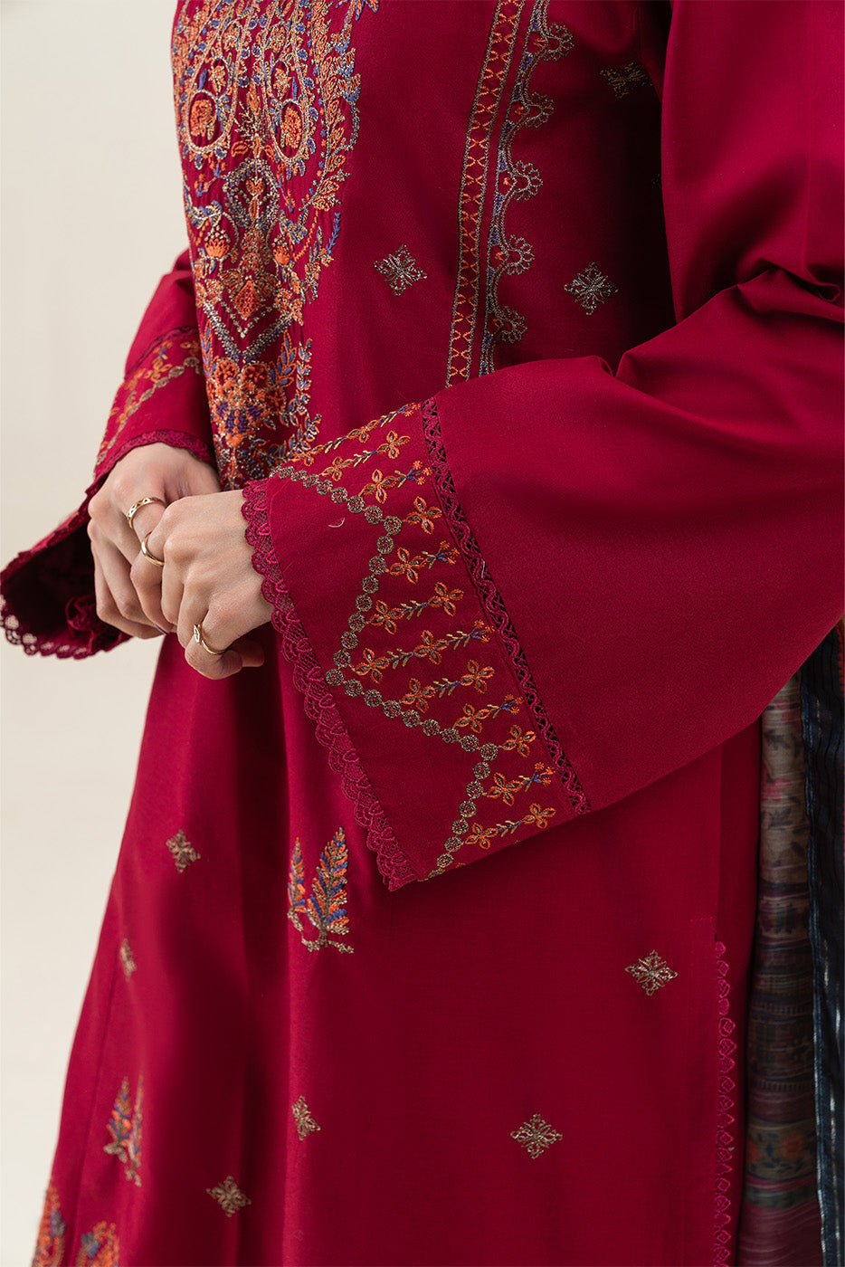 3 PIECE EMBROIDERED LAWN SUIT-RUBY RED (UNSTITCHED)