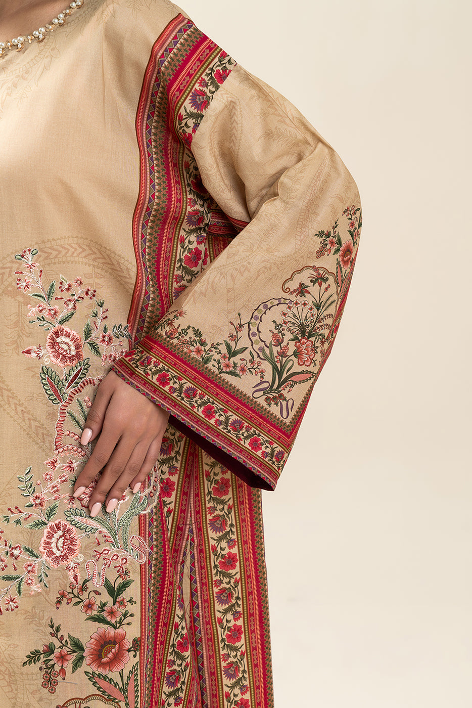 2 PIECE EMBROIDERED LAWN SUIT-SAND PUFF (UNSTITCHED)