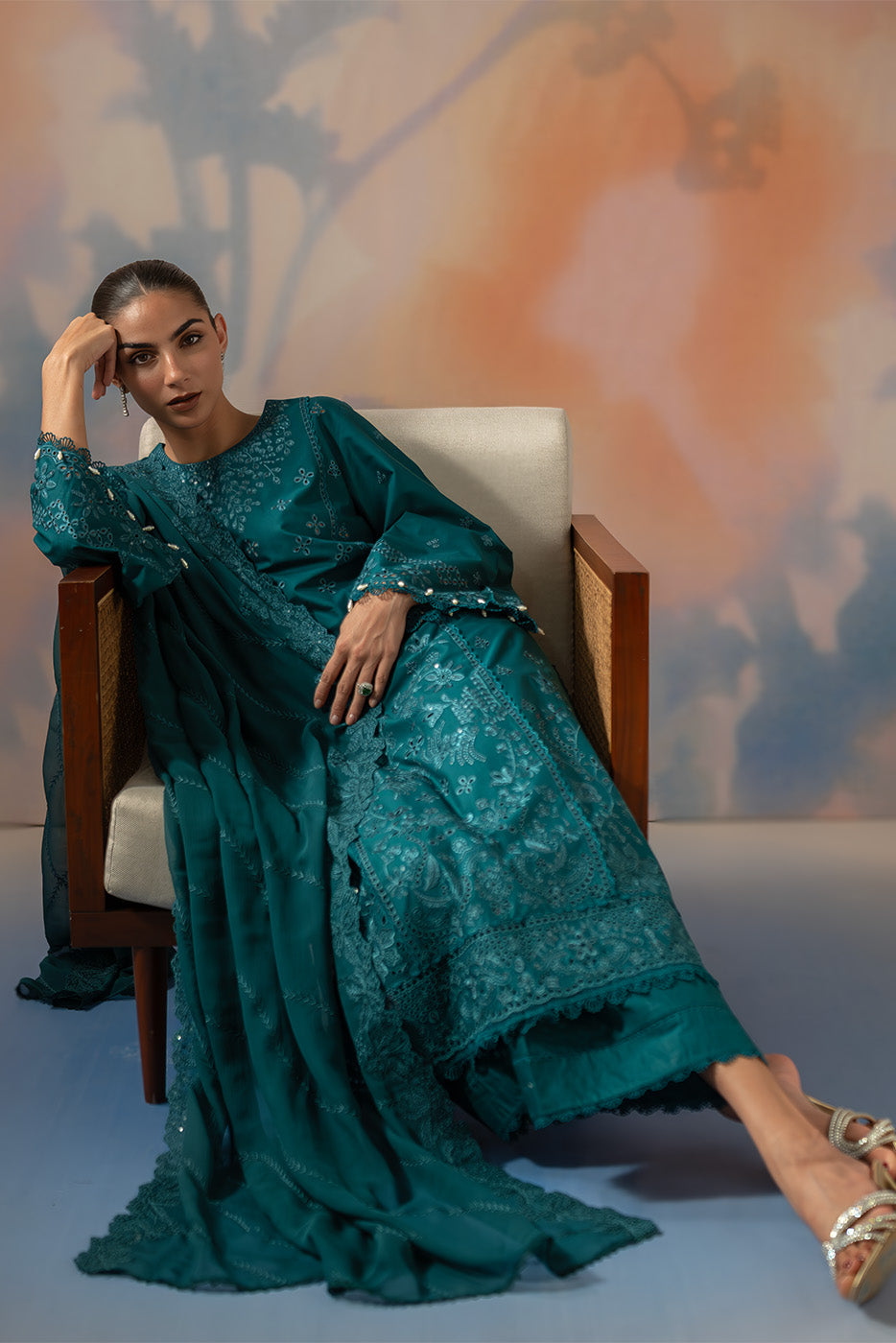 3 PIECE EMBROIDERED CHIKANKARI SUIT WITH BAMBER DUPATTA-TEAL OPULENCE (UNSTITCHED)