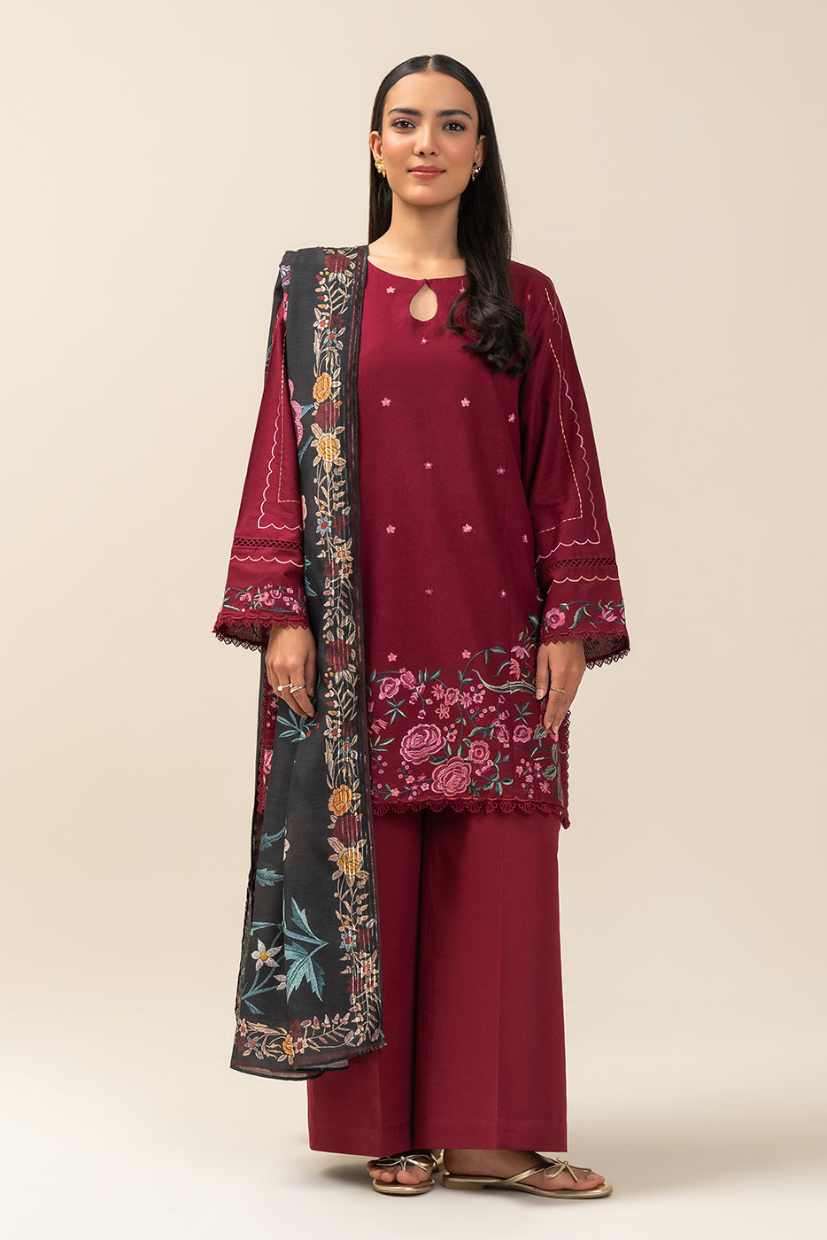 3 PIECE EMBROIDERED TEXTURED LAWN SUIT-GARNET GRACE (UNSTITCHED)