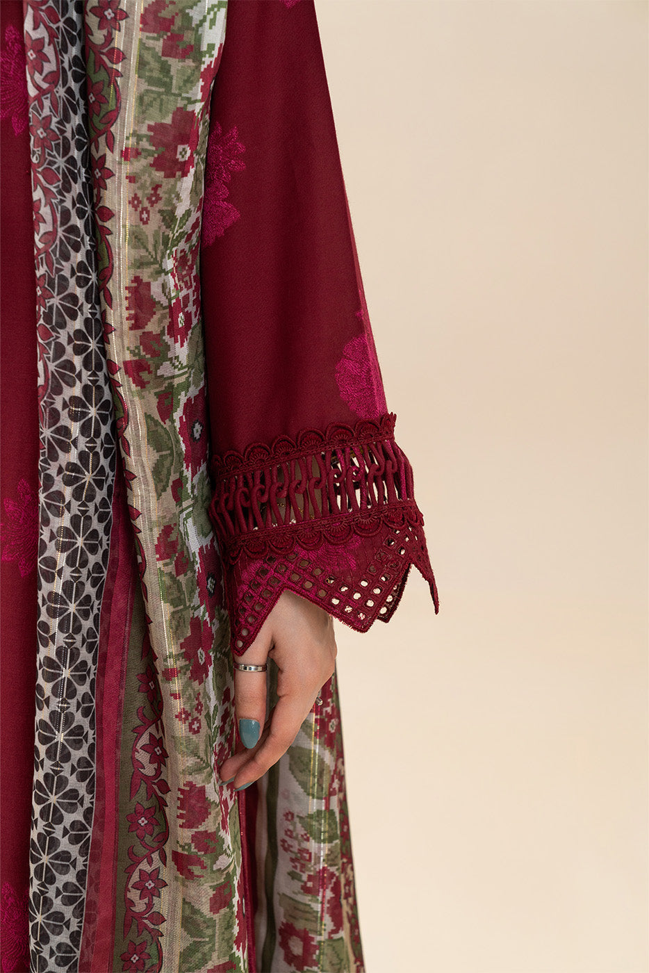 3 PIECE EMBROIDERED JACQUARD SUIT-CARMINE PETAL (UNSTITCHED)