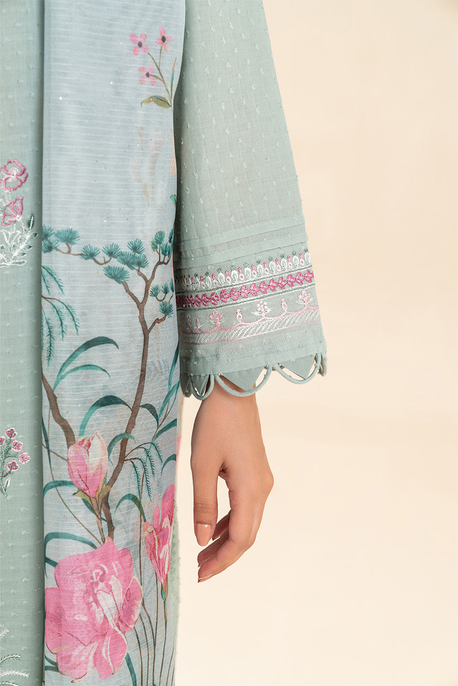 3 PIECE EMBROIDERED SELF JACQUARD SUIT-MINT GROVE (UNSTITCHED)