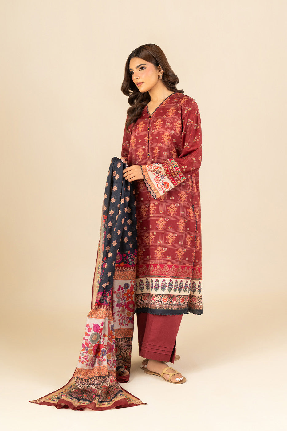 3 PIECE PRINTED LAWN SUIT-SCARLET EMBER (UNSTITCHED)