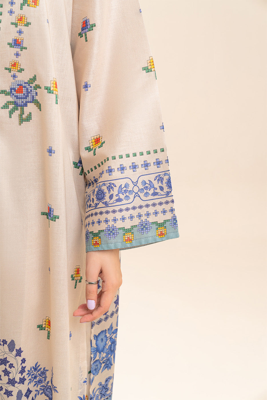 3 PIECE PRINTED LAWN SUIT-CROSS BLUE (UNSTITCHED)