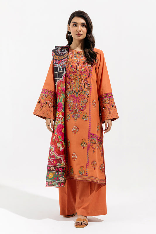 2 PIECE - EMBROIDERED LAWN SUIT - TROPICAL RUST (UNSTITCHED)