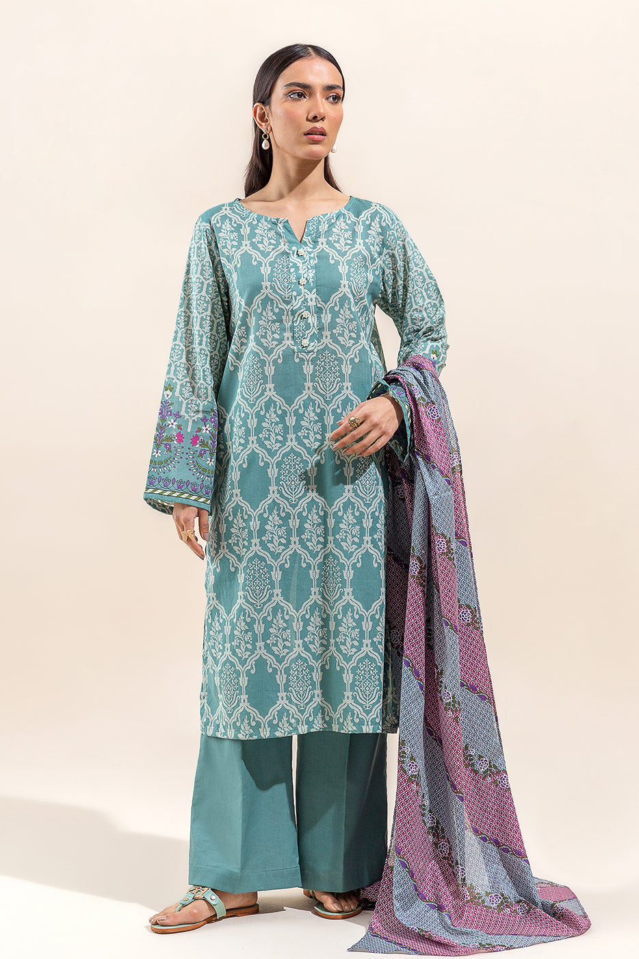 2 PIECE PRINTED LAWN SUIT-DUSTY TEAL (UNSTITCHED)