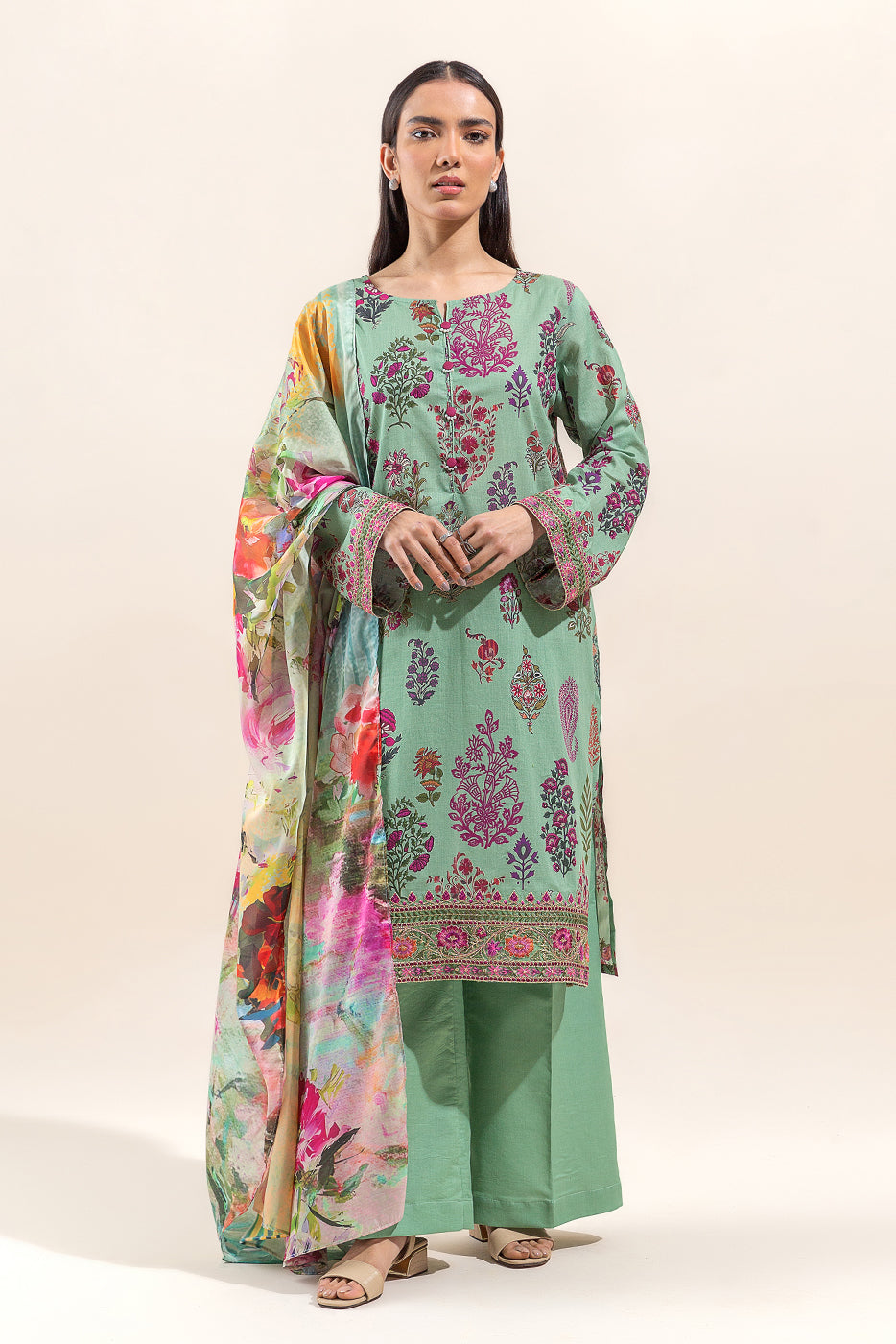 3 PIECE EMBROIDERED LAWN SUIT-DUSKY JADE (UNSTITCHED)