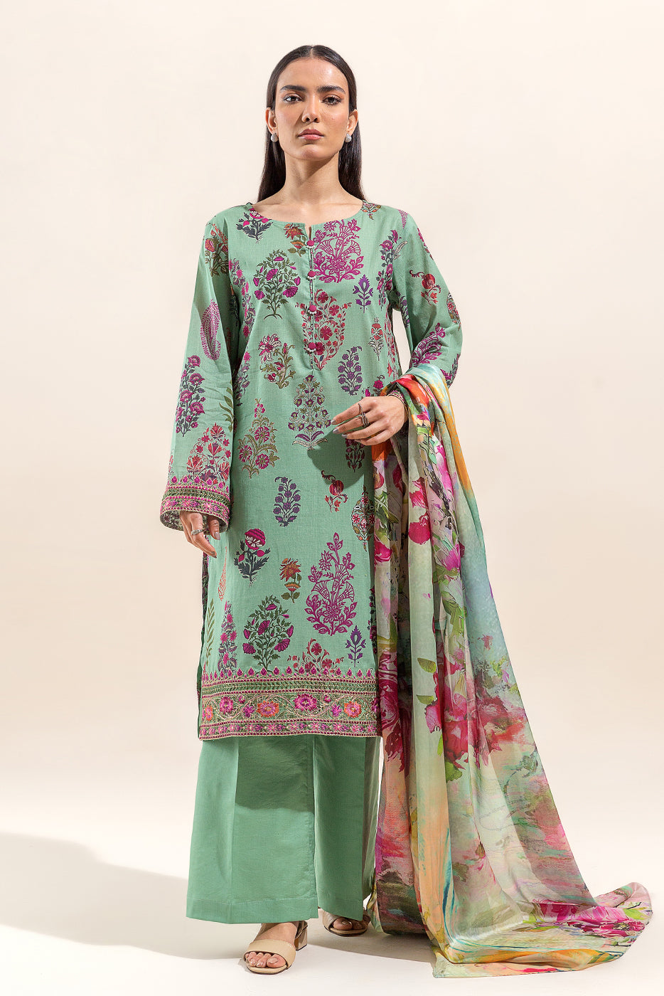 3 PIECE EMBROIDERED LAWN SUIT-DUSKY JADE (UNSTITCHED)