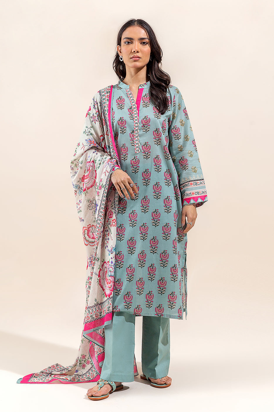 3 PIECE PRINTED LAWN SUIT-MIST GREEN (UNSTITCHED)