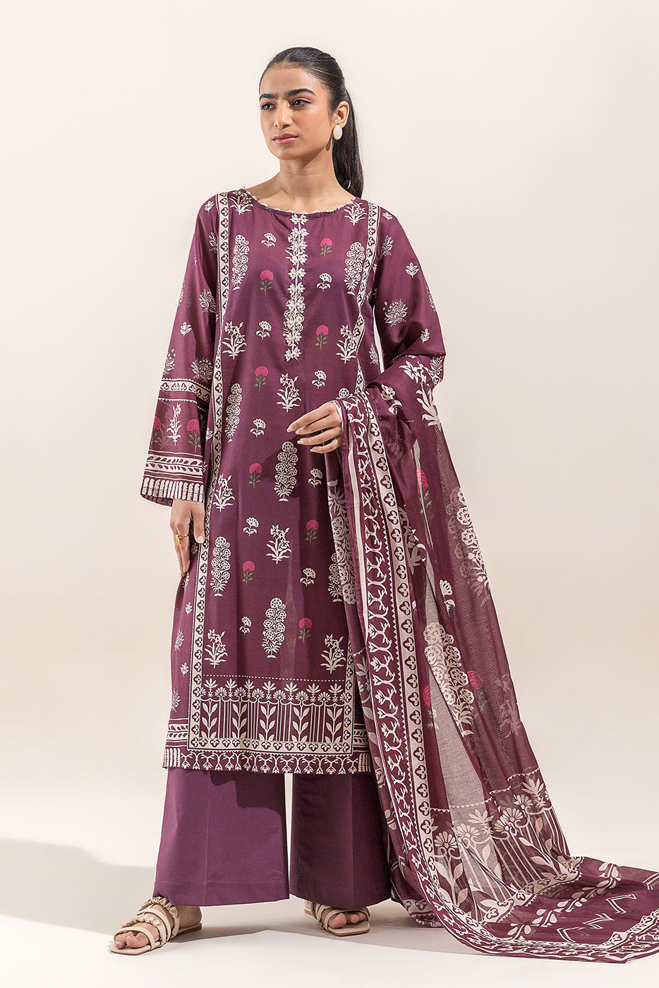 3 PIECE PRINTED LAWN SUIT-RED DAHLIA (UNSTITCHED)