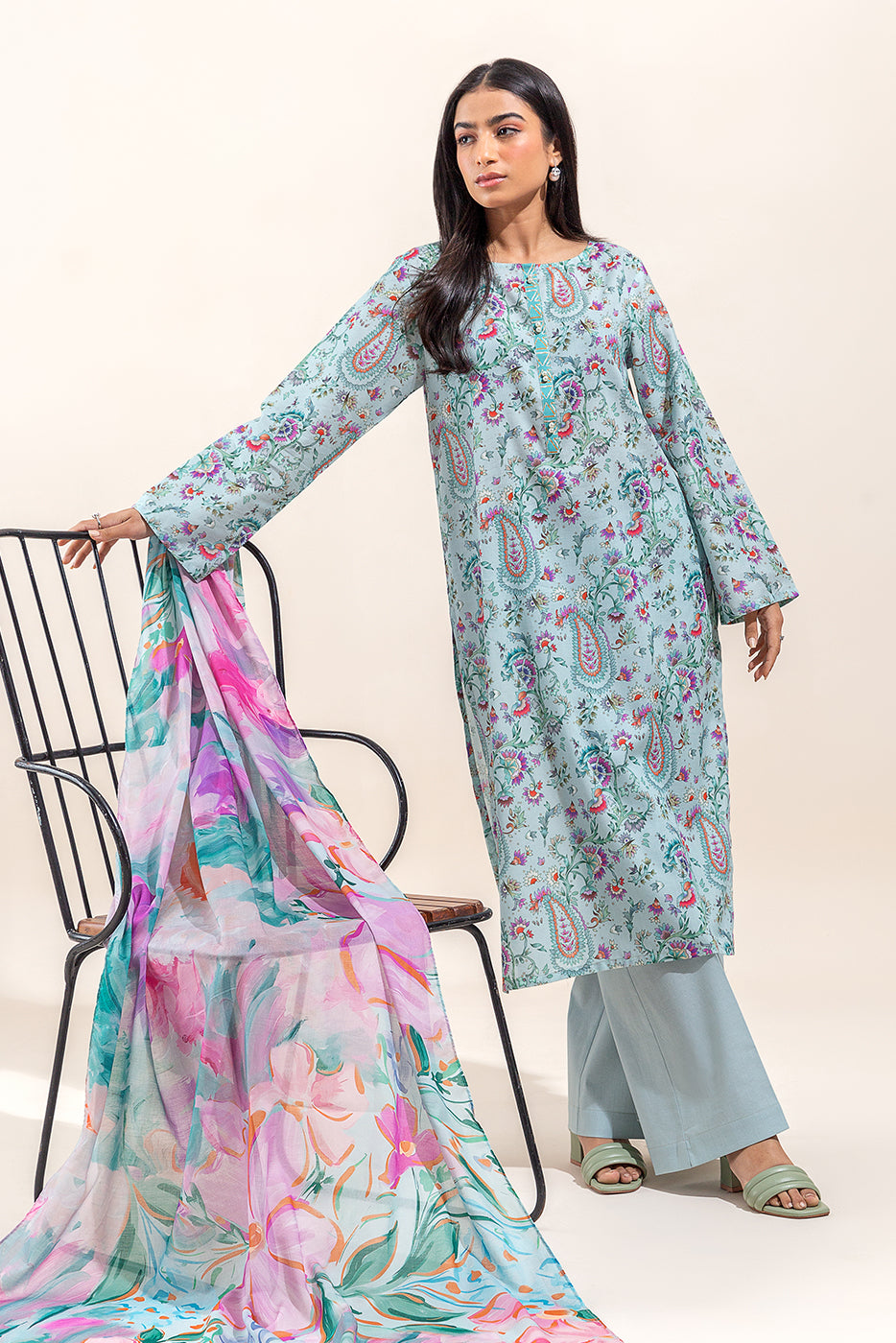 3 PIECE PRINTED LAWN SUIT-GREY MIST (UNSTITCHED) - BEECHTREE