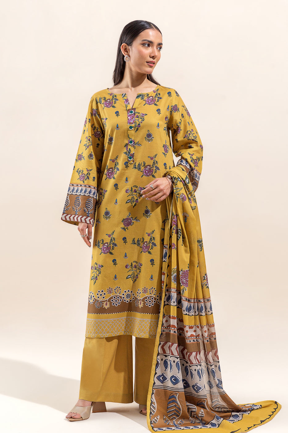 3 PIECE PRINTED LAWN SUIT-GOLDEN PALM(UNSTITCHED)