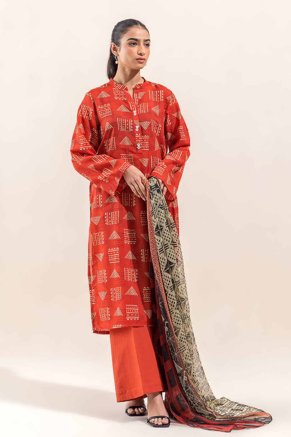 3 PIECE PRINTED LAWN SUIT-TANGERINE FUN (UNSTITCHED)