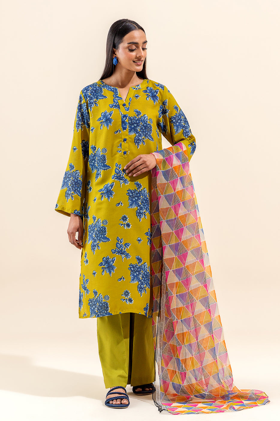 3 PIECE PRINTED LAWN SUIT-LIME AZURE (UNSTITCHED)