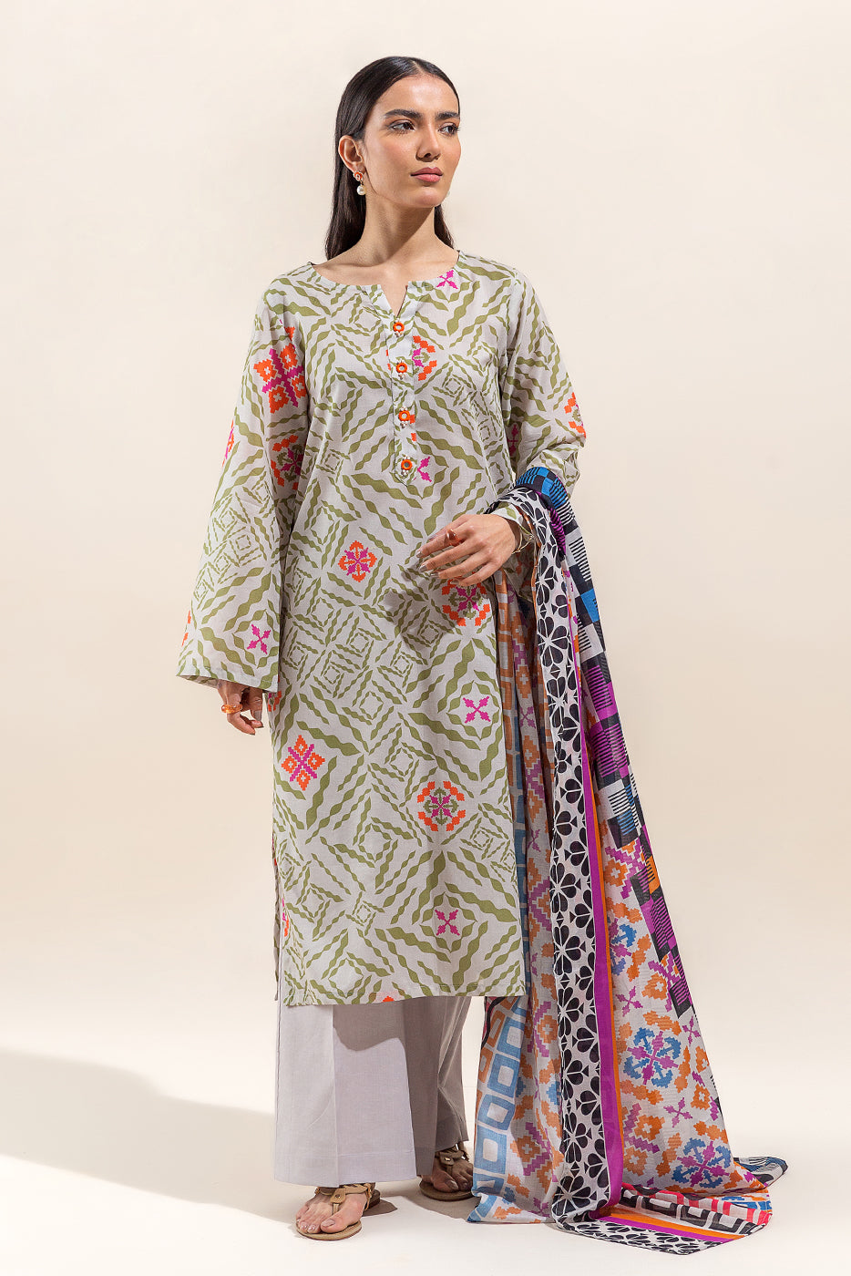 3 PIECE PRINTED LAWN SUIT-FROZEN DEW (UNSTITCHED)