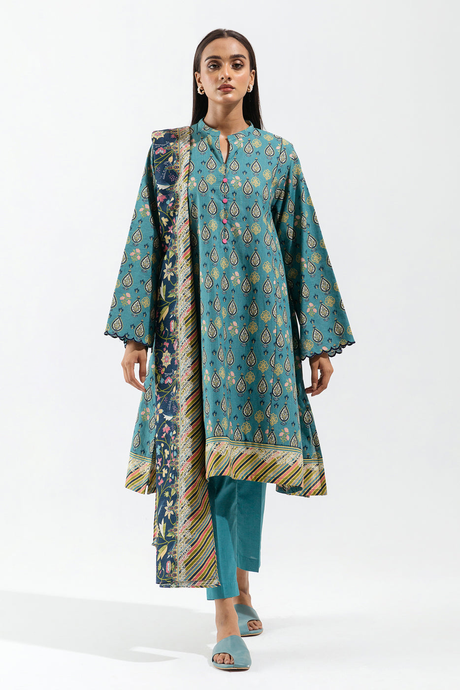 2 PIECE - PRINTED KHADDAR SUIT - CERULEAN GLOW (UNSTITCHED)