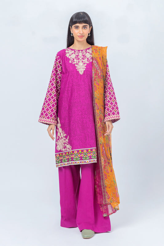 3 PIECE - EMBROIDERED CAMBRIC SUIT - FUCHSIA FESTIVAL (UNSTITCHED)