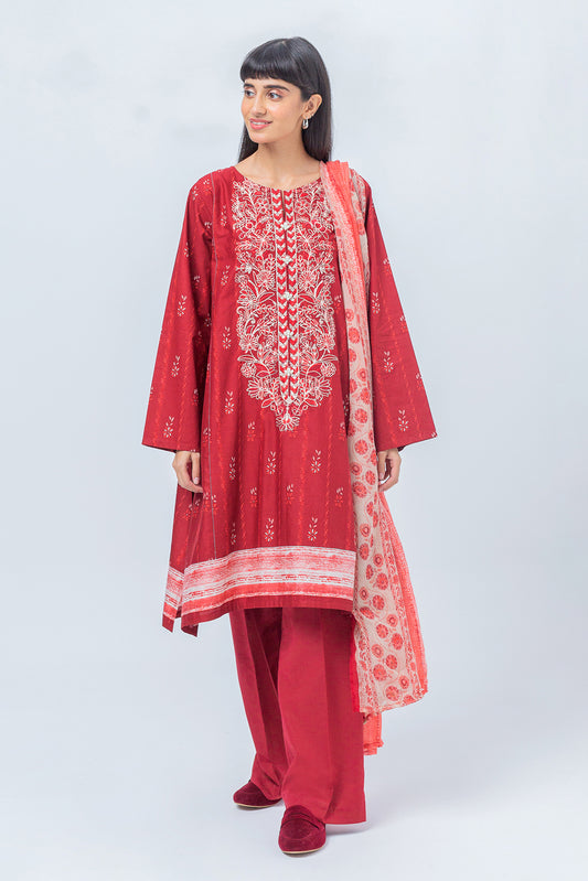 3 PIECE - EMBROIDERED CAMBRIC SUIT - SCARLET HAZE (UNSTITCHED)
