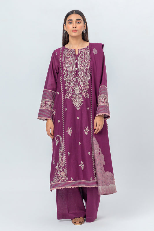 3 PIECE - EMBROIDERED CAMBRIC SUIT WITH WOVEN SHAWL - PLUM CASPIA (UNSTITCHED)