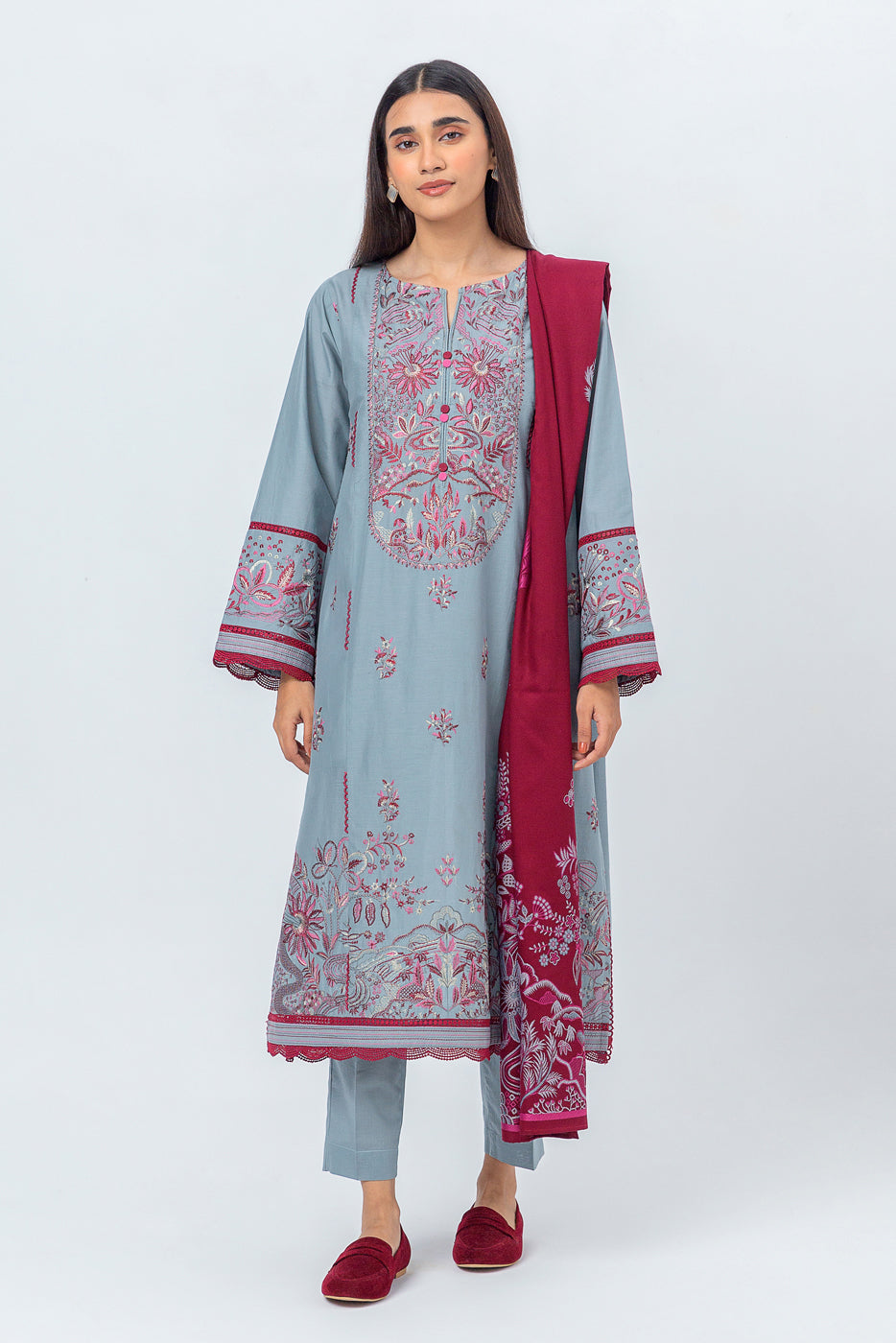 3 PIECE - EMBROIDERED CAMBRIC SUIT WITH WOVEN SHAWL - DIVINITY DREAM (UNSTITCHED)