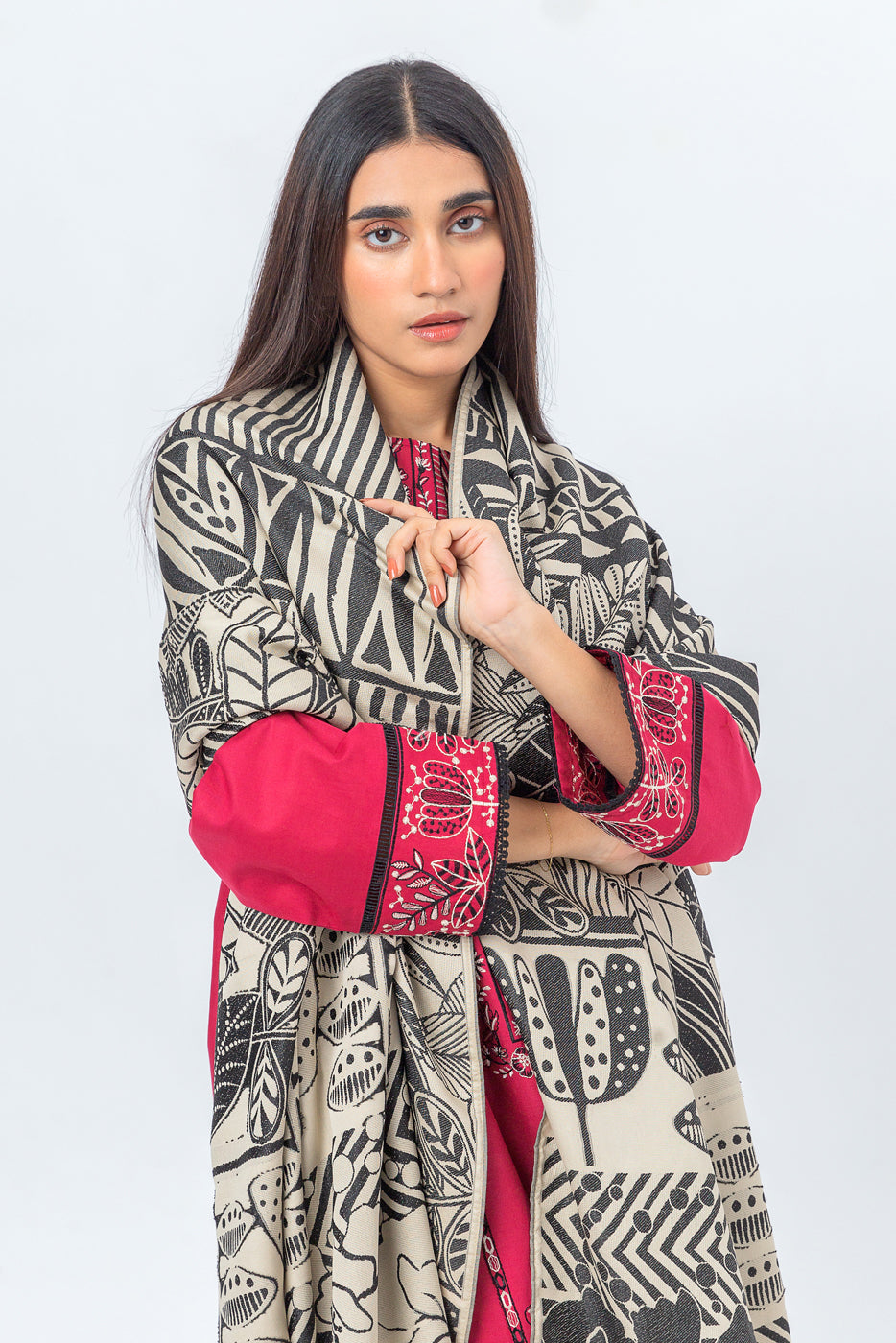 3 PIECE - EMBROIDERED CAMBRIC SUIT WITH WOVEN SHAWL - FUCHSIA ROUGE (UNSTITCHED)