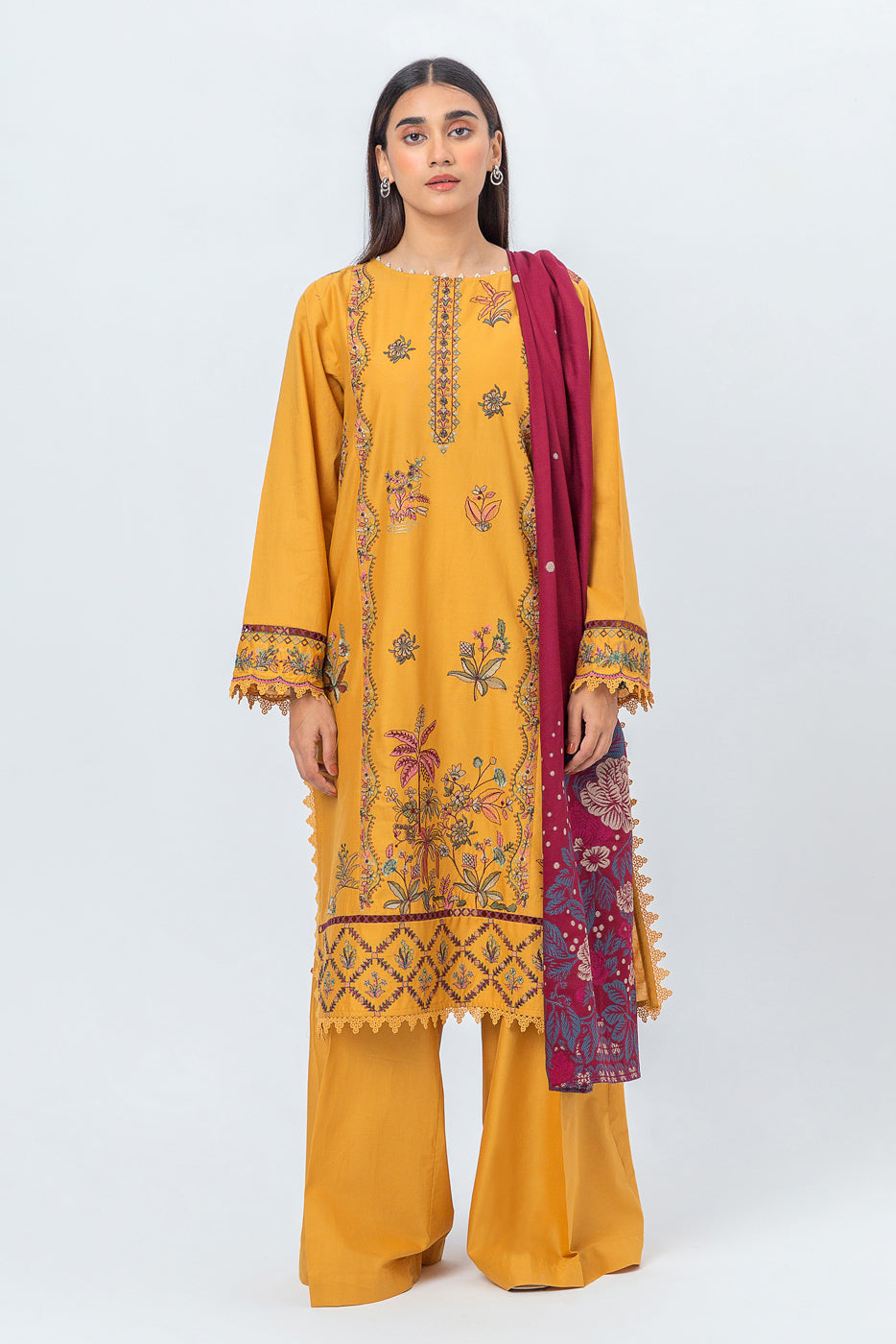 3 PIECE - EMBROIDERED CAMBRIC SUIT WITH WOVEN SHAWL - TROPICAL MAZE (UNSTITCHED)