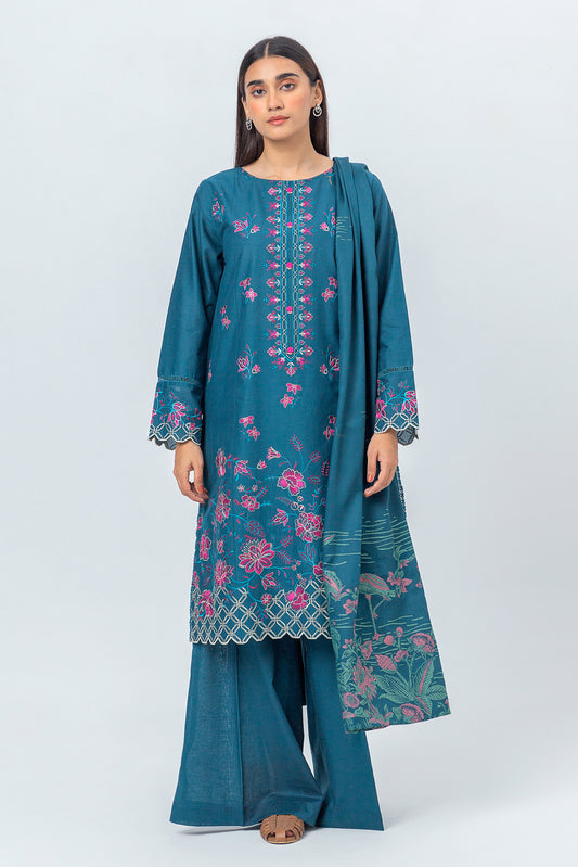 3 PIECE - EMBROIDERED CAMBRIC SUIT WITH WOVEN SHAWL - CHIC FLORENCE (UNSTITCHED)