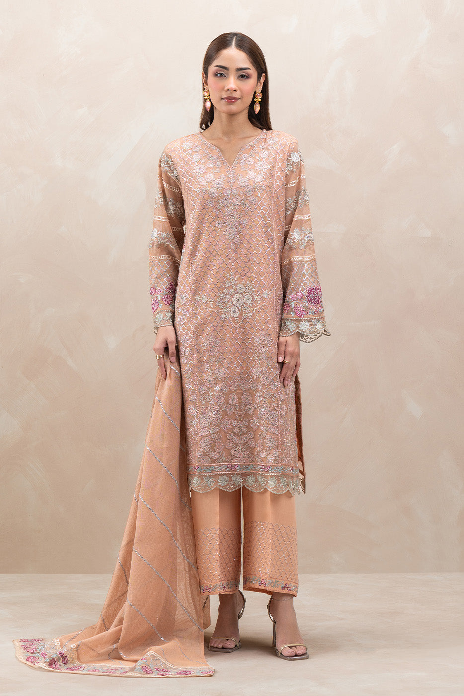 3 PIECE EMBROIDERED COTTON NET SUIT (LUXURY-PRET)