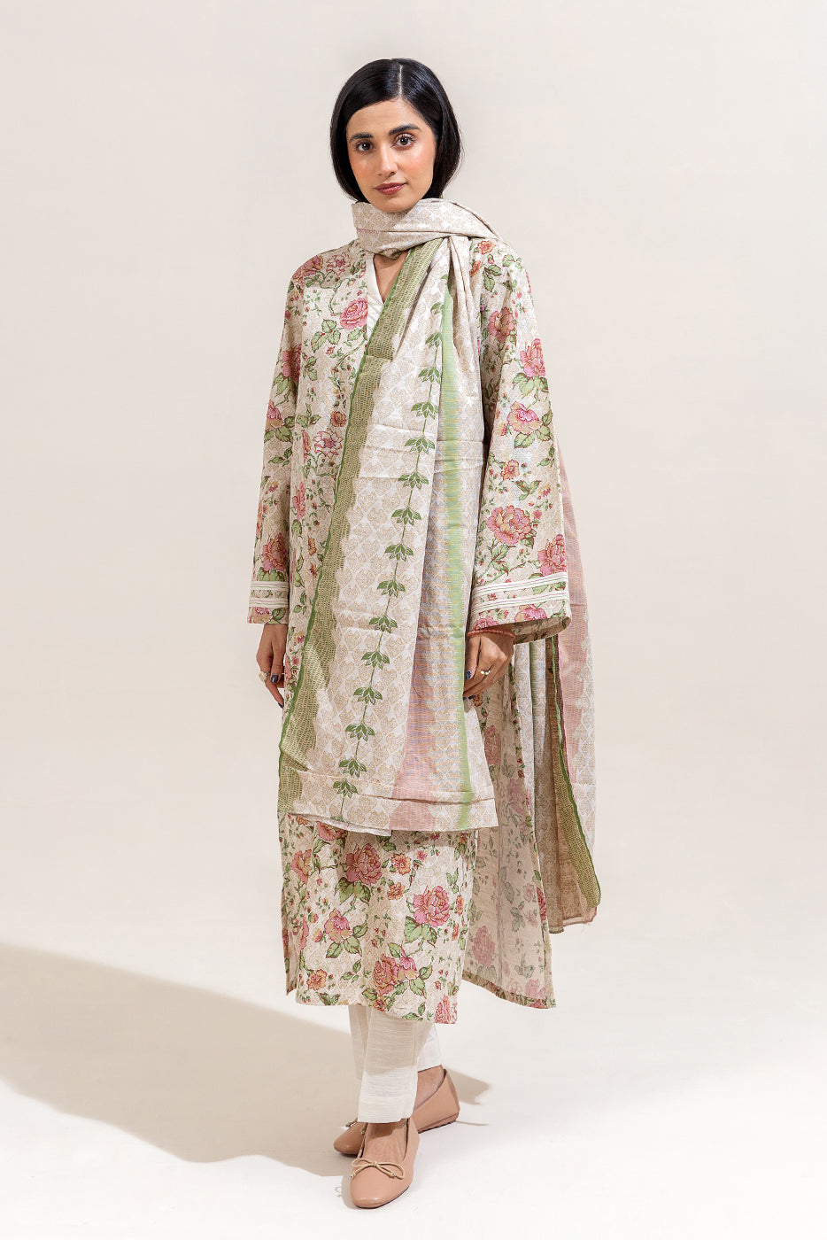 2 PIECE PRINTED KHADDAR SUIT-IVORY ORCHID (UNSTITCHED)