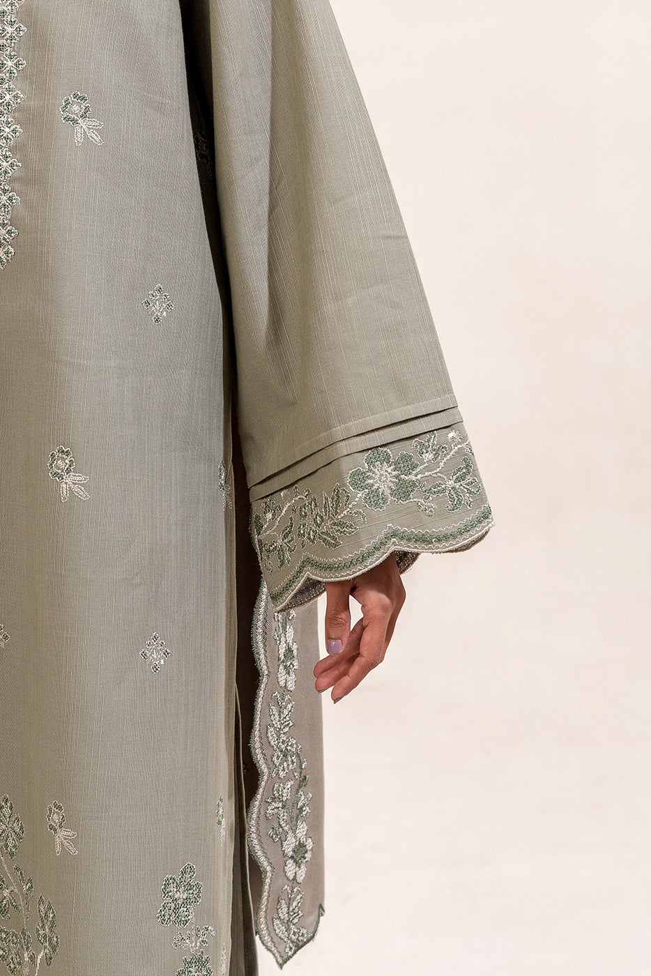 3 PIECE EMBROIDERED KHADDAR SUIT-OLIVE DESIRE (UNSTITCHED)