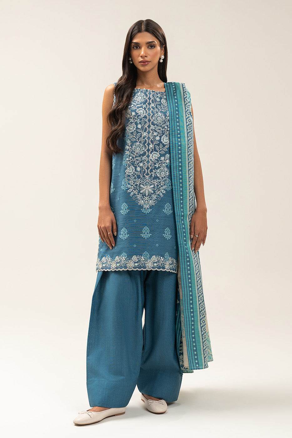 3 PIECE EMBROIDERED SLUB KHADDAR SUIT-COOL ROYALE (UNSTITCHED)