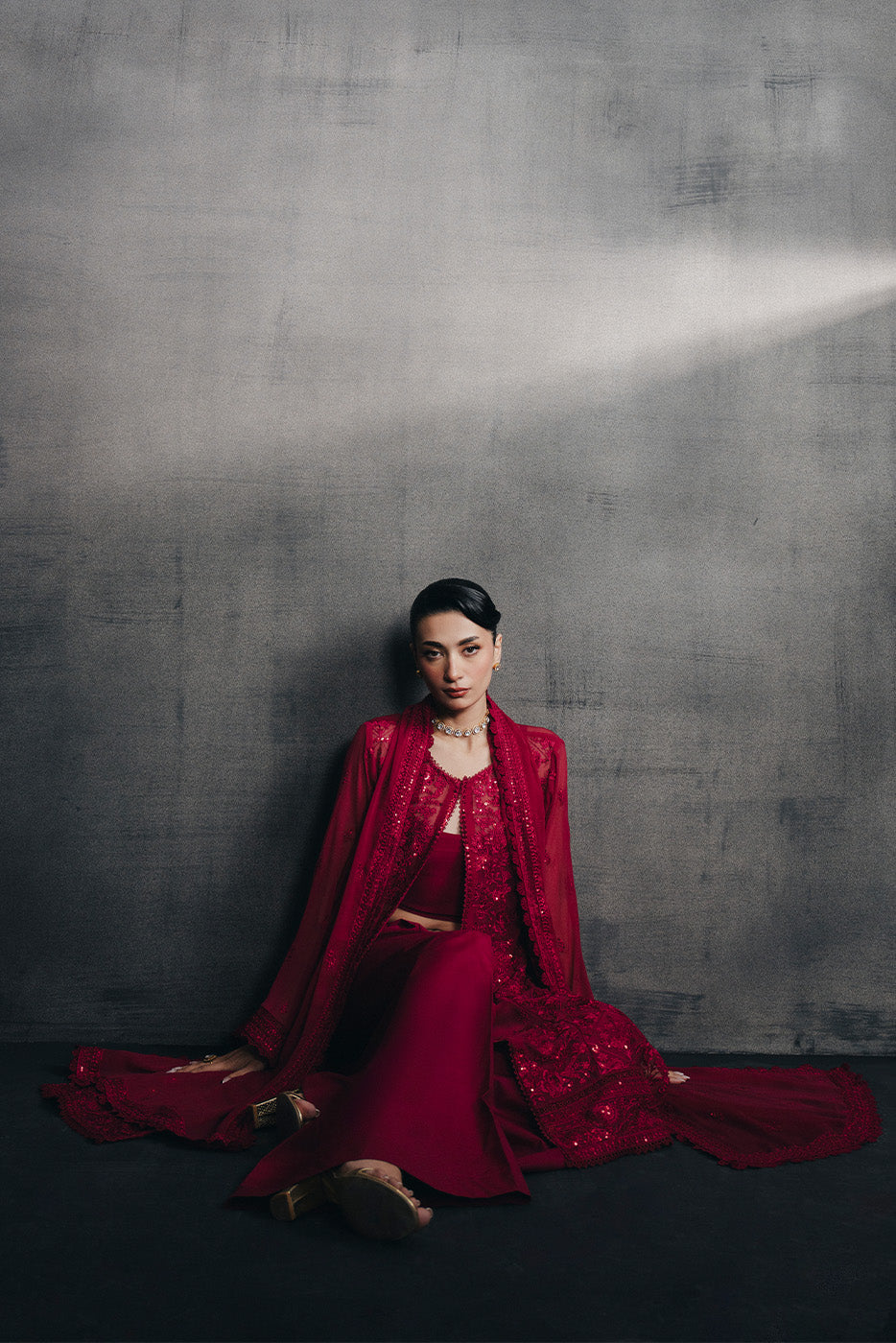 4 PIECE EMBROIDERED CHIFFON SUIT-CARMINE RED (UNSTITCHED)