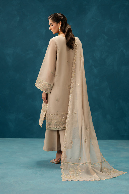 4 PIECE EMBROIDERED COTTON NET SUIT-FEATHER BEIGE (UNSTITCHED)